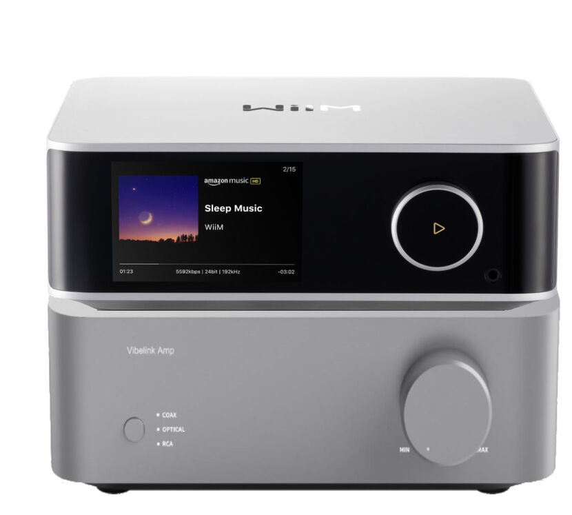 WiiM Vibelink Amp i Ultra (srebrny). Zestaw stereo wzmacniacz i odtwarzacz sieciowy.